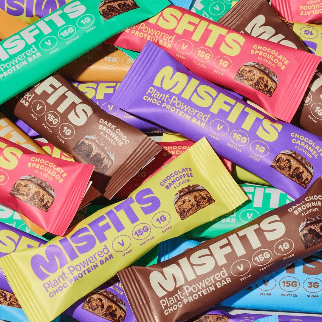 Misfits protein bars stacked